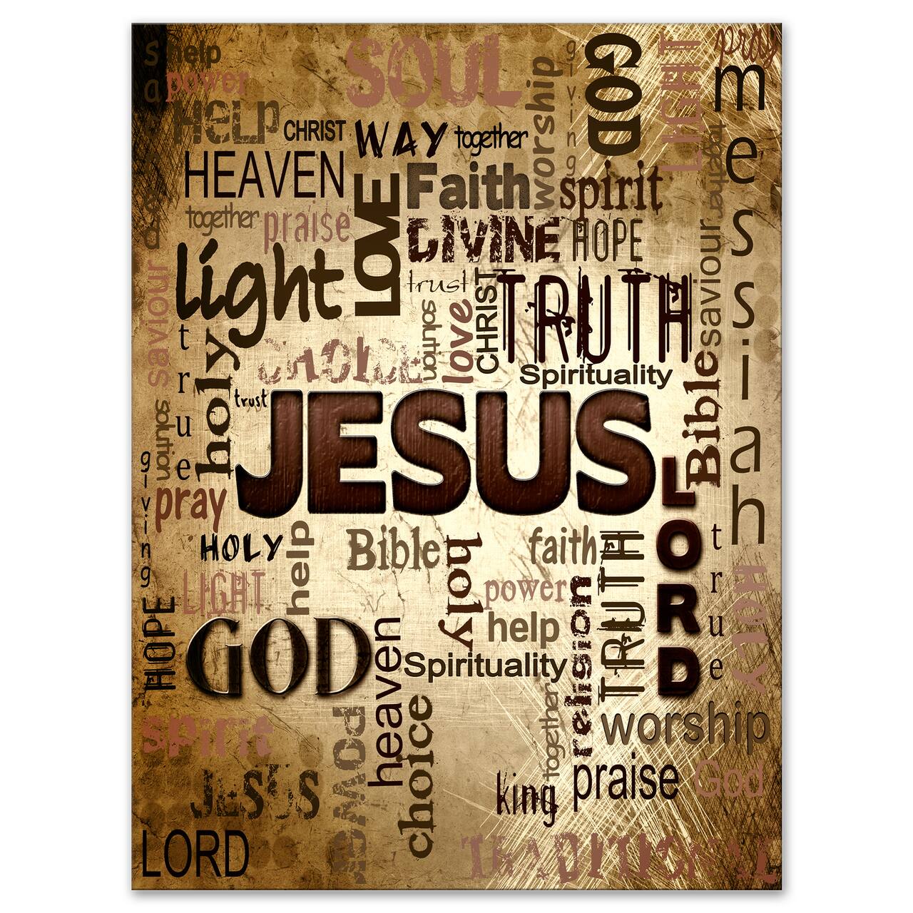 Designart - Jesus' word cloud in grunge background - Religious Contemporary on Wrapped Canvas